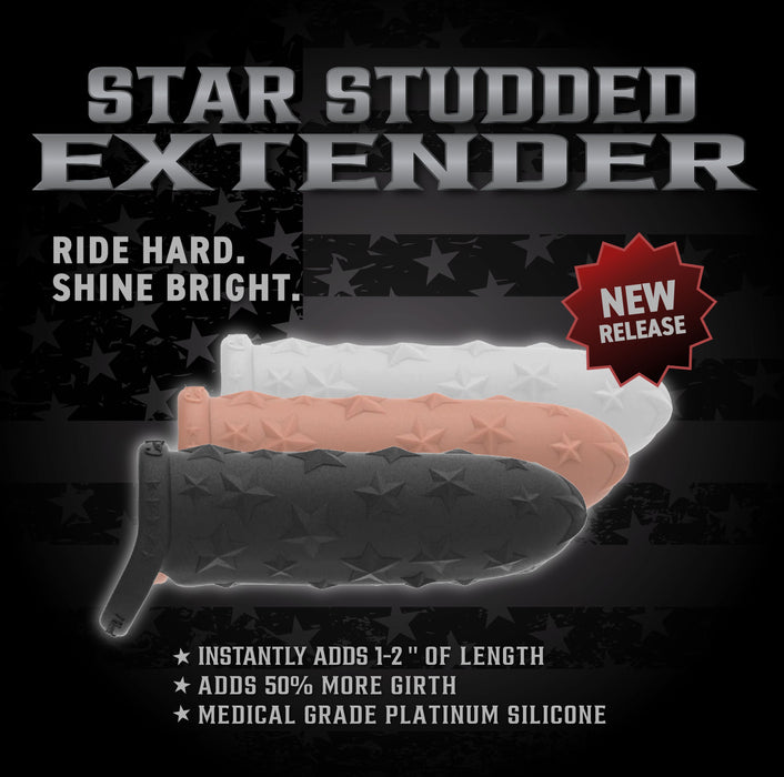 Ad features the Star Studded Silicone Penis Extender – 6.5 Inch Closed Ended in black, white, and beige. “Ride hard. Shine bright. Instantly adds 1-2" length, 50% more girth—made of medical-grade platinum silicone.”.