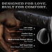 A muscular shirtless man poses by the Star Studded Silicone Penis Extender - 6.5 Inch Closed Ended in black with star designs. Bold text: "DESIGNED FOR LOVE. BUILT FOR COMFORT." Features: extra length, comfort strap, platinum silicone, soft touch finish.