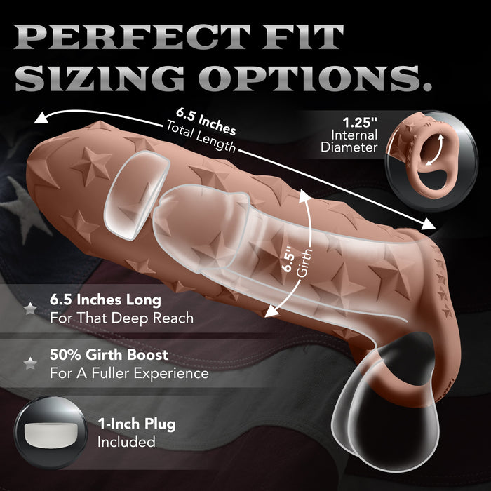 A detailed diagram of the Star Studded Silicone Penis Extender - 6.5 Inch Closed Ended shows labeled specs: 6.5" length, 1.25" internal diameter, 50% girth boost, 1" plug, star patterns, and a textured sleeve—all set against a U.S. flag backdrop.