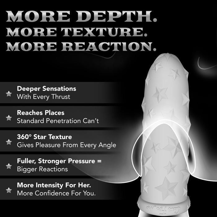 A grayscale image of the Star Studded Silicone Penis Extender - 6.5 Inch Closed Ended highlights its 360° star texture for deeper sensations, stronger pressure, and intensified pleasure. Bold text at the top reads "More Depth. More Texture. More Reaction.
