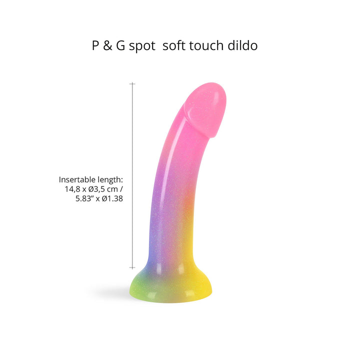 The Stargazer Smooth 7 Inch Rainbow Ombre Glitter Silicone Dildo with Suction Cup features pink, yellow, and green gradients. With a flared base and insertable length of 14.8 cm x 3.5 cm, it’s perfect for G-spot play and exploration.