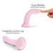 The Starlight Smooth 7 Inch Pink Glitter Silicone Dildo with Suction Cup is shown being bent to display flexibility, while another view highlights its upright position, showcasing both its powerful suction base and extra flexible design.