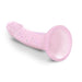 The Starlight Smooth 7 Inch Pink Glitter Silicone Dildo features a light pink, glittery finish, a flared suction cup base, and a gently curved shaft decorated with small star-shaped sparkles.