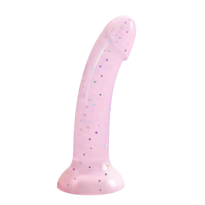 The Starlight Smooth 7 Inch Pink Glitter Silicone Dildo features a translucent pink shaft with glitter, a suction cup base for pegging, and a gently curved design for added pleasure.