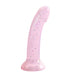 The Starlight Smooth 7 Inch Pink Glitter Silicone Dildo features a translucent pink shaft with glitter, a suction cup base for pegging, and a gently curved design for added pleasure.