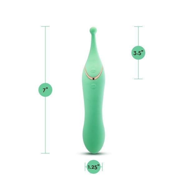 The Stella Double Ended G-Spot & Clitoral Vibrator is a green silicone device with a gold accent and rounded tip, offering pinpoint stimulation. It measures 7" tall, 1.25" wide, and the top section is labeled as 3.5".
