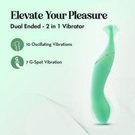 A promotional image of the Stella Double Ended G-Spot & Clitoral Vibrator in green, highlighting its sleek, curved design, "Double-Ended Design," "10 Oscillating Vibrations," and "7 G-Spot Vibration" for pinpoint stimulation.