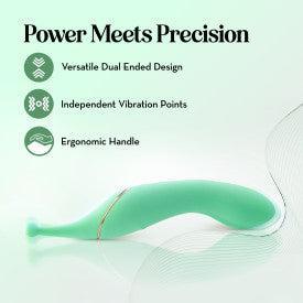 The Stella Double Ended G-Spot & Clitoral Vibrator is shown in green, featuring an ergonomic handle for a comfy grip and versatile design for pinpoint stimulation. Text: "Power Meets Precision.