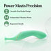 The Stella Double Ended G-Spot & Clitoral Vibrator is shown in green, featuring an ergonomic handle for a comfy grip and versatile design for pinpoint stimulation. Text: "Power Meets Precision.