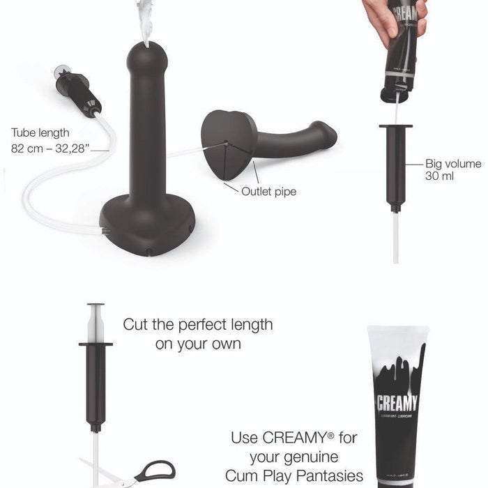 Assembly diagram for the Strap-On-Me 6 Inch Silicone Squirting Dildo - Black, showing syringe, outlet pipe, "CREAMY" tube, and scissors for cutting the tube to dispense liquid during intimate play.