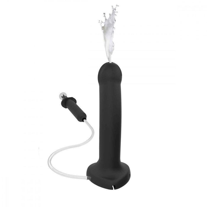 The Squirting Strap-On Starter Set features a black silicone dildo, harness, and cum lubricant, with tubing for lifelike squirting action from the tip, displayed against a white background.