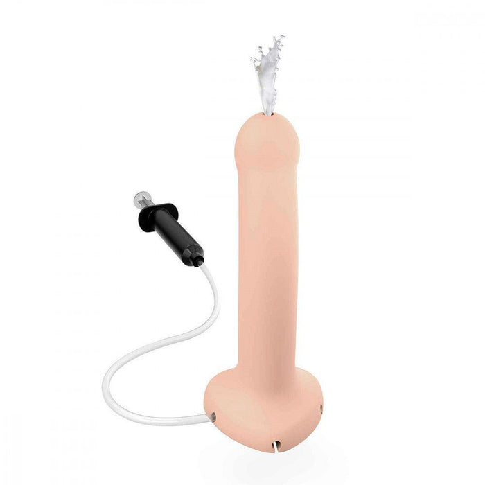The Strap-On-Me 7.5 Inch Silicone Squirting Dildo - Vanilla features a suction base, white tube, and black hand pump to dispense fluid from the tip—ideal for simulating ejaculation during squirting strap-on play.
