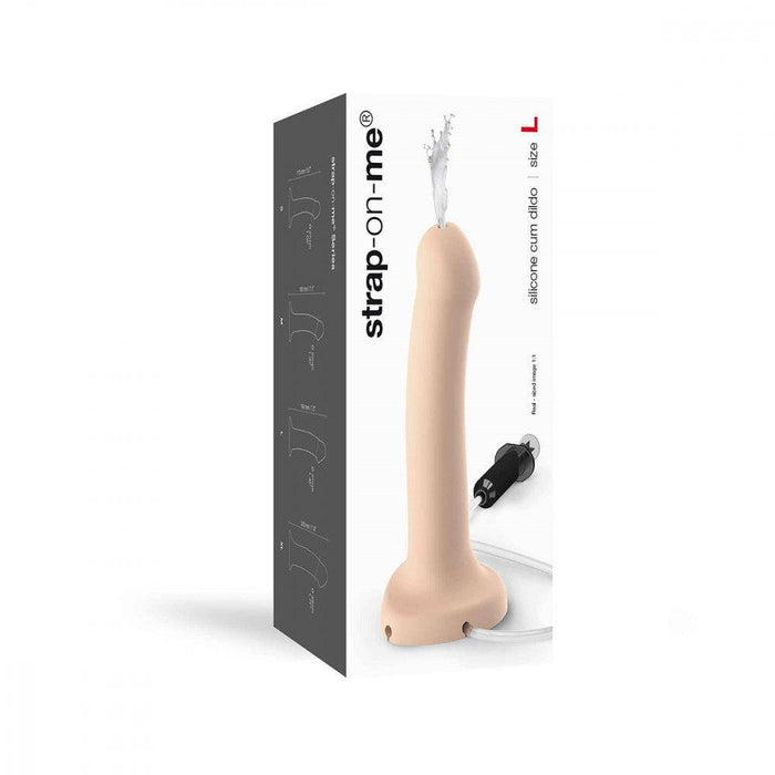 Box packaging of the Strap-On-Me 7.5 Inch Silicone Squirting Dildo - Vanilla, showing a realistic flesh-toned dildo with strap-on harness, size L, squirting feature with cord and remote control, plus liquid-like effect at the tip.
