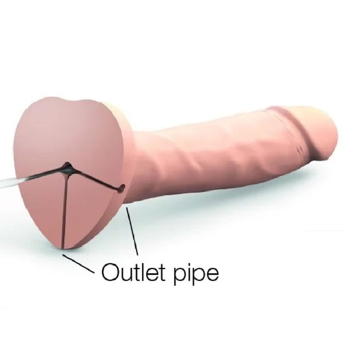 A diagram of the Strap-On-Me Realistic 7.5 Inch Silicone Squirting Dildo - Vanilla shows its penis-like shape, heart-shaped cross-section, ultra-soft silicone material, and the placement of an internal outlet pipe.