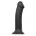 The Strap-On-Me Smooth Semi-Realistic 8 Inch Black Silicone Dildo features a slightly curved shaft, rounded tip, and flat base for stability. This versatile toy is also compatible with strap-on harnesses for varied play.