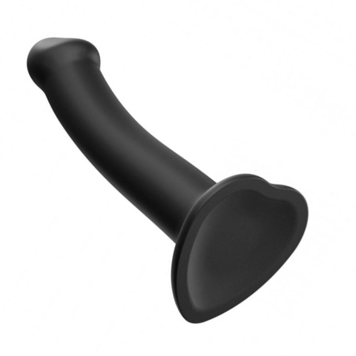 The Strap-On-Me Smooth Semi-Realistic 8 Inch Black Silicone Dildo features a curved shaft and heart-shaped base for G-spot or prostate play, shown against a white background.