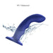 The Strap on Me Curved G-Spot Tapping Blue Silicone Dildo, with a flared base, is shown splashed with water to highlight its IPX7 waterproof feature.