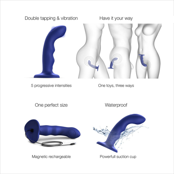 The Strap on Me Curved G-Spot Tapping Blue Silicone Dildo is shown from various angles, featuring double tapping, 5 vibration intensities, wearable use, magnetic charging, waterproof design, and a strong suction cup base.