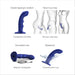 The Strap on Me Curved G-Spot Tapping Blue Silicone Dildo is shown from various angles, featuring double tapping, 5 vibration intensities, wearable use, magnetic charging, waterproof design, and a strong suction cup base.