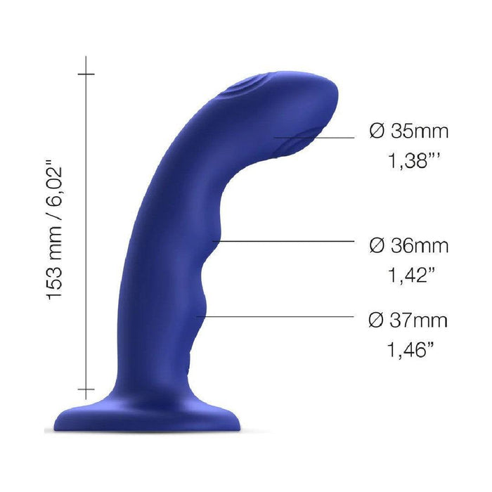 The Strap on Me Curved G-Spot Tapping Blue Silicone Dildo, shown in profile, measures 153 mm (6.02”) long with diameters of 35 mm (1.38”) at the head, 36 mm (1.42”) in the middle, and 37 mm (1.46”) at the base.