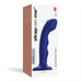 A product box for the Strap on Me Curved G-Spot Tapping Blue Silicone Dildo, size medium, displays an image of a blue curved vibrator on the front of the packaging.