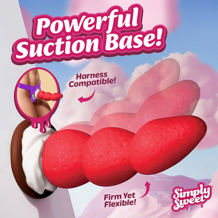 The Strawberry Sweet Cream 8 Inch Silicone Dildo with Suction Cup, in bright pink with a textured shaft, is harness compatible and made from premium silicone. It’s “firm yet flexible” and shown with the Simply Sweet logo on a pastel background.