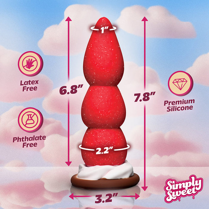 The Strawberry Sweet Cream 8 Inch Silicone Dildo with Suction Cup, shaped like a red strawberry with a textured shaft and three tiers, is shown on a pink cloud background. Icons highlight it’s latex-free, phthalate-free silicone with the Simply Sweet logo.