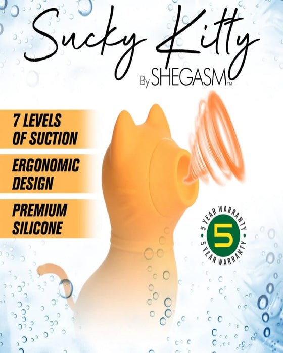 Sucky Kitty Orange Cat Air Pulsation Clitoral Stimulator graphic showing features 