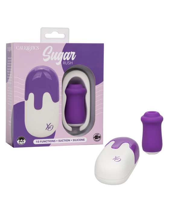 Sugar Rush Clitoral Suction Vibrator with Lid  next to box and case 