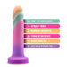 The Sunrise Gaze Textured Silicone Suction Cup 7.5 Inch Dildo stands upright beside icons showing its features: Ultrasilk smooth, soft liquid silicone, g-spot stimulation, handcrafted, strong suction cup base, harness compatible, body safe, and phthalate free.