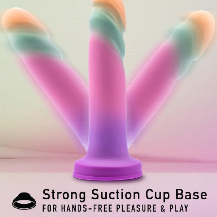 The Sunrise Gaze Textured Silicone Suction Cup 7.5 Inch Dildo is shown upright and tilted, demonstrating stability for hands-free use. Compatible with harnesses, it offers targeted g-spot stimulation and suction versatility.