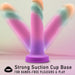The Sunrise Gaze Textured Silicone Suction Cup 7.5 Inch Dildo is shown upright and tilted, demonstrating stability for hands-free use. Compatible with harnesses, it offers targeted g-spot stimulation and suction versatility.