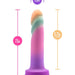 The Sunrise Gaze Textured Silicone Suction Cup 7.5 Inch Dildo stands upright, featuring a colorful gradient, curved textured tip, and dimensions of 7.5" total length, 6.75" insertable, and 1.5" width—ideal for g-spot play or strap-on use.