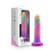 The Sunrise Gaze Textured Silicone Suction Cup 7.5 Inch Dildo, shown upright in a colorful gradient with its box, is harness compatible, designed for g-spot stimulation, and features highlighted on the Avant packaging.
