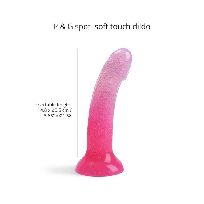 The Sunrise Smooth 7 Inch Pink Ombre Glitter Silicone Dildo with Suction Cup features a pink to purple gradient and glitter, curved for G-spot or prostate play. Size: 14.8 x 3.5 cm (5.83" x 1.38"). Shown on a white background with descriptive text above.