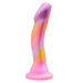 The Sun’s Out 7.5 Inch Pink Ombre Silicone G Spot Dildo features a curved, smooth pastel design with pink, yellow, and purple hues plus a suction cup base—perfect for solo play or pegging and made from premium silicone.