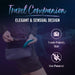 A person in a sparkly dress slips the Surrender Sleek Slim 5.75 Inch Blue Silicone Beginner & Pegging Dildo into a black purse. Text reads: “Travel-Friendly, Elegant & Sensual Design, Non-Powered,” with icons and a bed in the background.