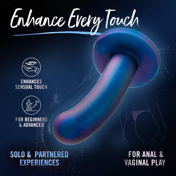 The Surrender Sleek Slim 5.75 Inch Blue Silicone Beginner & Pegging Dildo is shown on a dark background with text highlighting its use for solo or partnered anal play, plus icons for sensual touch and beginner-to-advanced suitability.