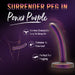 A metallic purple Surrender Small 4.75 Inch Silicone Dildo stands upright. Features include "Harness Compatible," "Easy To Strap On," and a shimmering finish—perfect for beginner dildo play and pegging.