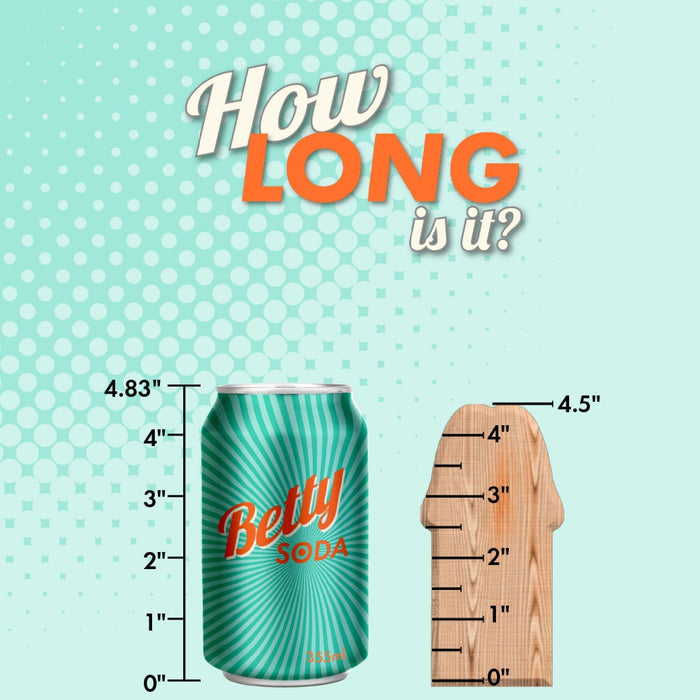 A "Betty Soda" can (4.83" tall) stands beside the Surrender Small 4.75 Inch Purple Silicone Beginner & Pegging Dildo (about 4.75" tall). Both items are measured for height with text: "How LONG is it?.