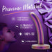 The Surrender Small 4.75 Inch Purple Silicone Beginner & Pegging Dildo is shown on purple satin. Made of premium Puria Platinum Cured Silicone, it's ultrasmooth, 100% body safe, hypoallergenic—ideal for pegging or beginner dildo play.