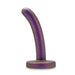 The Surrender Small 4.75 Inch Purple Silicone Beginner & Pegging Dildo, with its curved, metallic-iridescent form and rounded base, stands upright against a white background—ideal for pegging and versatile play.