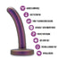The Surrender Small 4.75 Inch Purple Silicone Beginner & Pegging Dildo is slim, curved, and metallic purple with a flared base, harness compatible, platinum-cured body-safe silicone, smooth finish, and hypoallergenic.