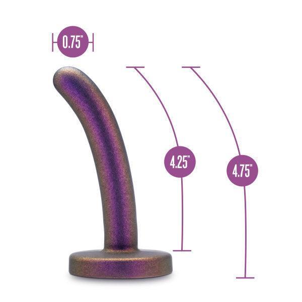 The Surrender Small 4.75 Inch Purple Silicone Beginner & Pegging Dildo is shown with measurement lines, highlighting its 0.75-inch width, 4.25-inch insertable length, and flared base—ideal for pegging beginners.