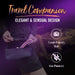 A person holds an open black purse with a Surrender Small 4.75 Inch Purple Silicone Beginner & Pegging Dildo inside. Text reads "Elegant & Sensual Design," with icons for "Travel-Friendly Size" and "Non-Powered." A dim bedroom is behind.