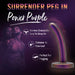 A promotional image features the Surrender Small 4.75 Inch Purple Silicone Beginner & Pegging Dildo, highlighting its harness compatibility, shimmery finish, and suitability for pegging. A couple appears ready for playful exploration in the background.