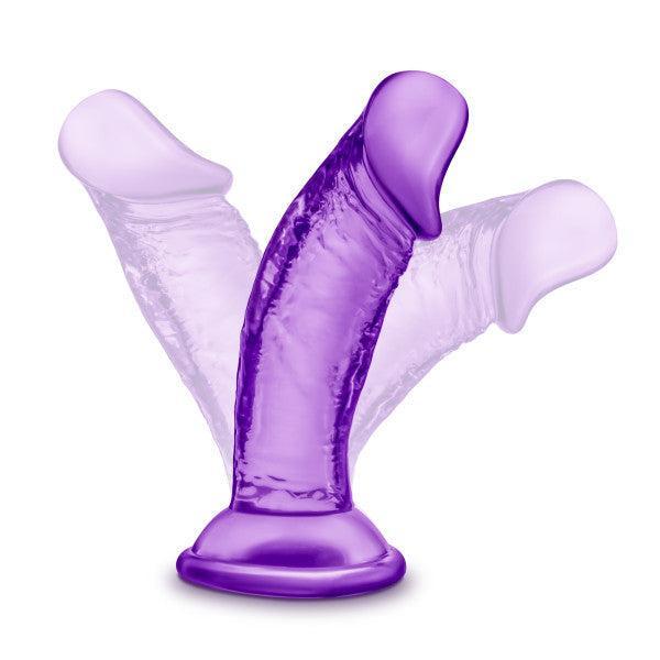 The Sweet n Small Beginner 4 Inch Purple Mini Dildo with Suction Cup is shown in three flexible, realistic positions on a white background, highlighting its transparent purple design and strap-on compatibility.