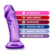 The Sweet n Small Slim 4 Inch Purple Dildo with Suction Cup is shown by icons and text for soft realistic feel, strap-on compatibility, strong suction, lab certified body safety, and being fragrance, paraffin, latex & phthalate free.
