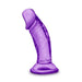 The Sweet n Small Slim 4 Inch Purple Dildo with Suction Cup features a curved, textured, translucent silicone shaft and flat base. Shown upright on a white background, this small dildo is strap-on compatible for versatile use.