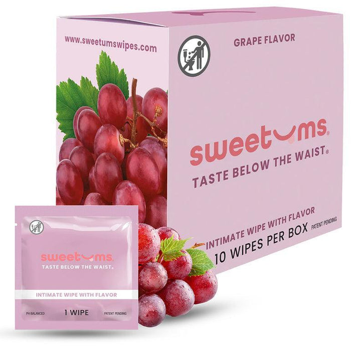 The pink box of Sweetums Flavored Intimate Wipes features grape imagery and the logo. Made with plant fibers, each vegan-friendly, pH-balanced wipe comes individually packaged. The box contains 10 wipes for your peace of mind.
